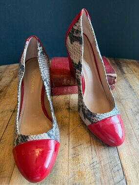 Arturo Chiang Red Patent & Snakeskin Print Wedge Pumps Size 8.5